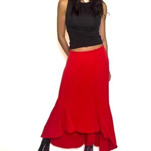 vintage y2k red asymmetrical pleated maxi skirt